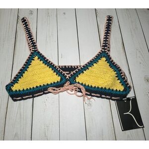 Dance & Marvel Crochet Knit Bikini Top Triangle Navy & Yellow Sz L‎ Retro